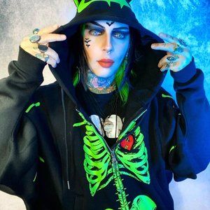 Dead And Delicious Bat Rib Cage Zip Up Hoodie GLOW IN THE DARK WITH FACE MASK!